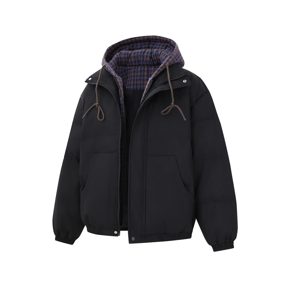 Black puffer-style jacket with front zip open, showing plaid hood layer and inner plaid trim, angled front view