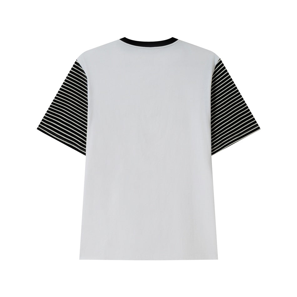 Back view of white short-sleeve tee with black collar and black and white striped sleeves