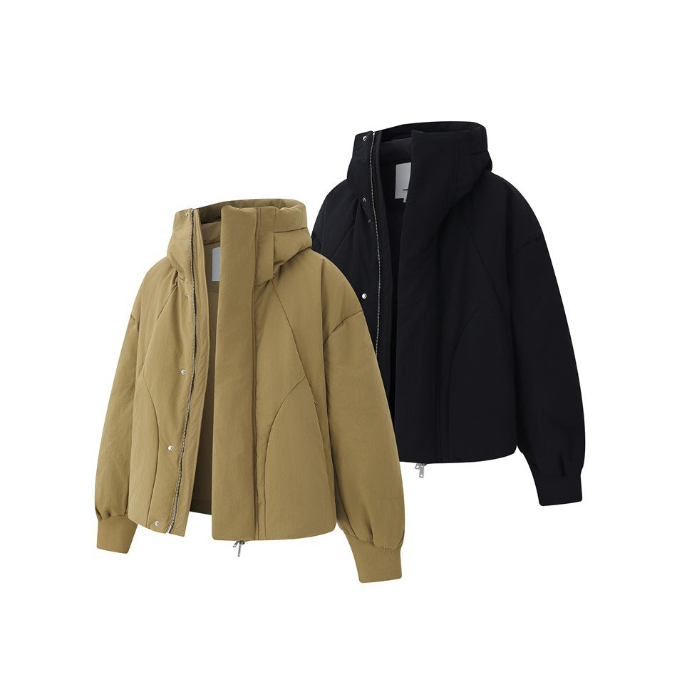 Two hooded jackets shown from the front: one tan and one black, both with roomy sleeves and covered closures.