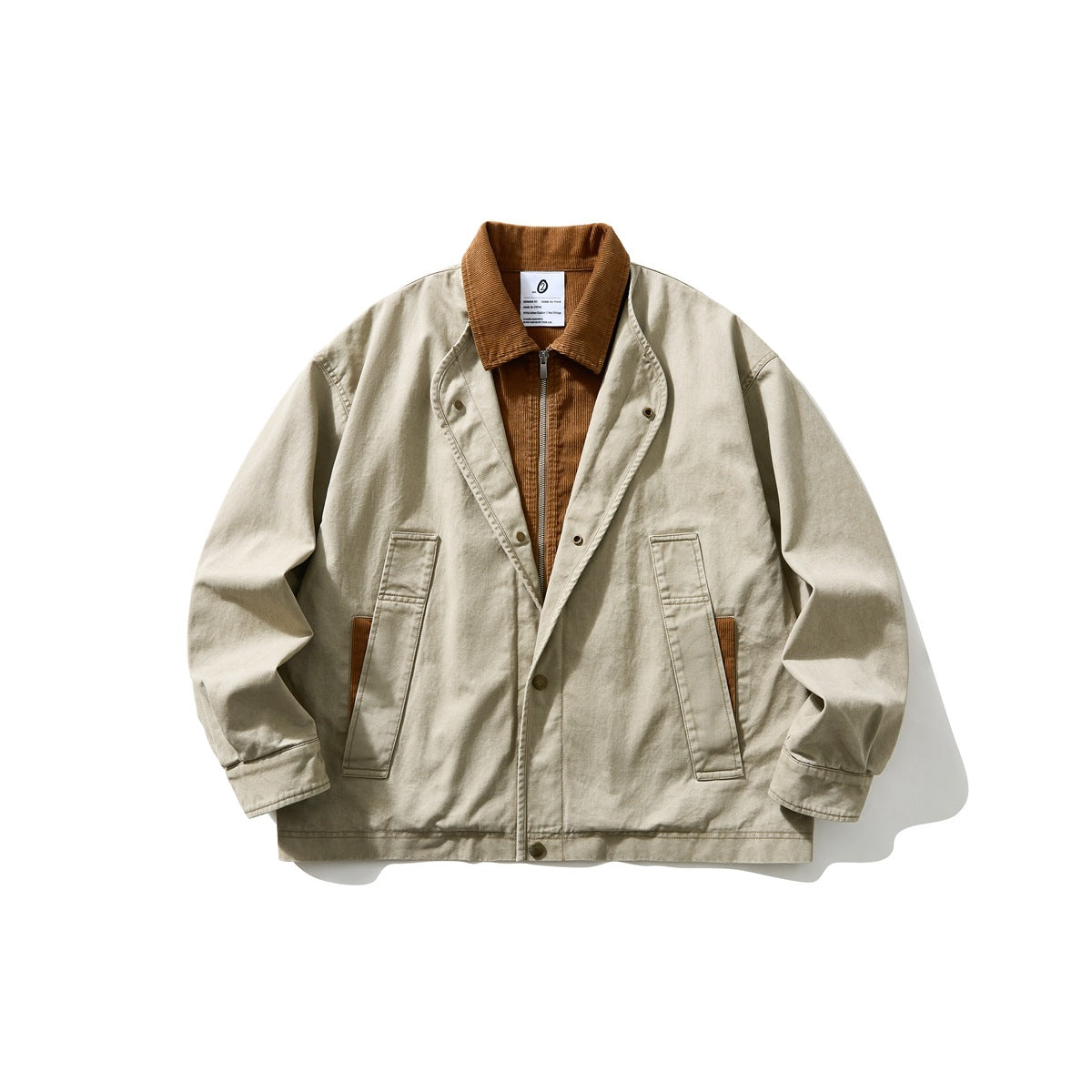 Beige-gray jacket worn open, showing the brown corduroy zip-up inner layer and corduroy collar, flat lay