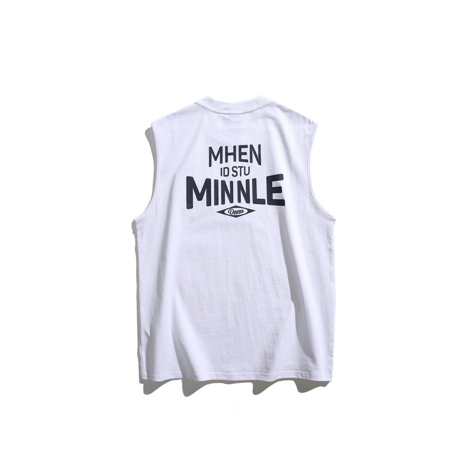 White sleeveless crew-neck tank top, back view with dark navy MHEN ID STU MINNLE print and diamond logo