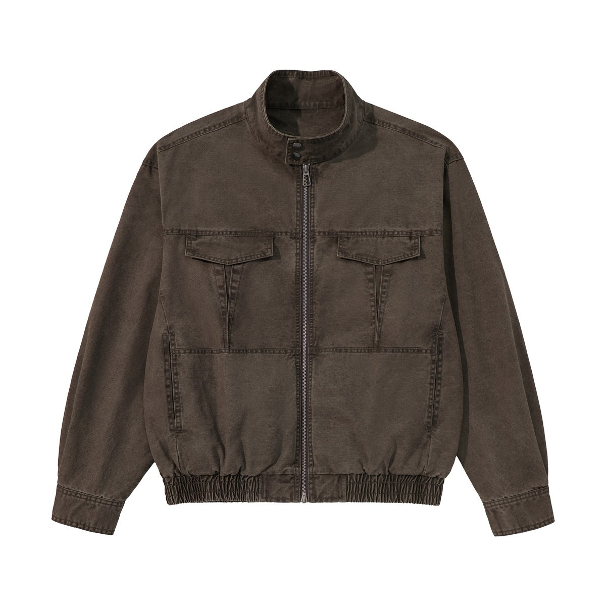 Brown washed zip-front jacket with stand collar, chest flap pockets and elastic hem, flat front view