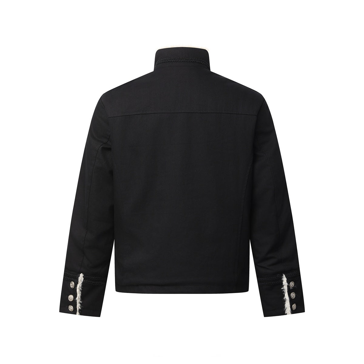 Back view of a black jacket with a stand collar and buttoned cuffs accented by braided trim and white edging.