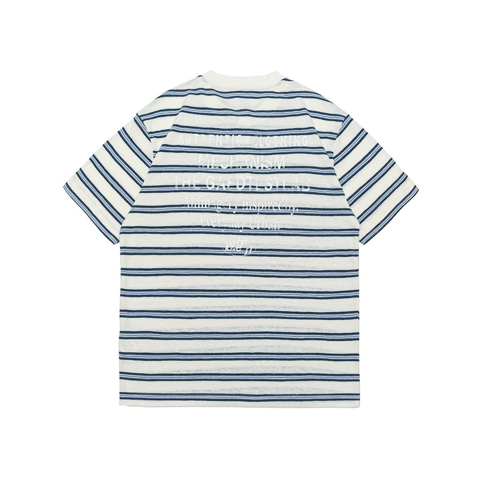 Back view of blue and white striped T-shirt with white lettered print across the upper back