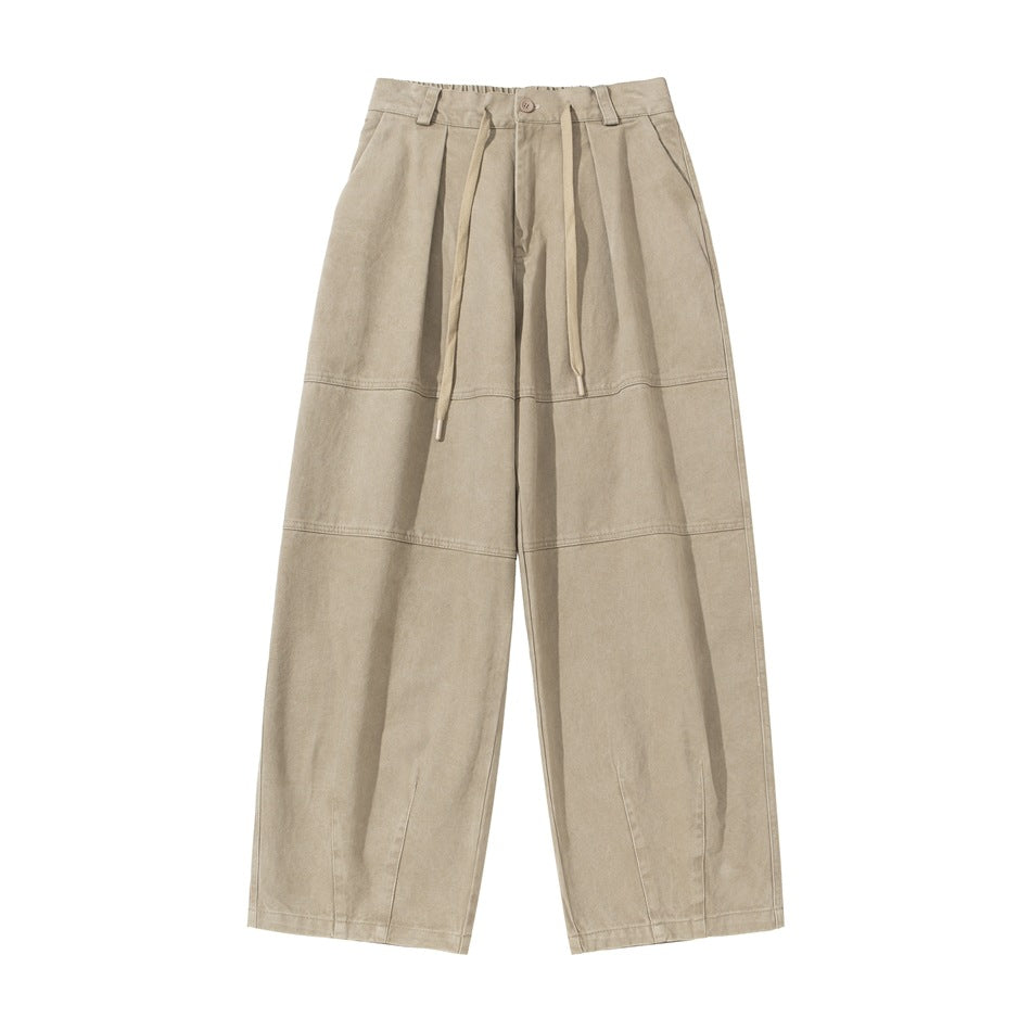 Khaki wide-leg pants, front flat lay, with pleats, drawstring waist and horizontal seams