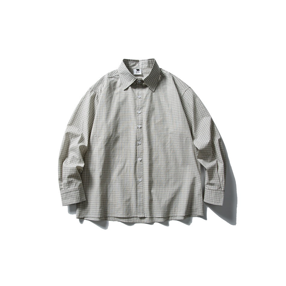 Flat-lay front view of a gray-beige small grid check long-sleeve button-up shirt with a pointed collar