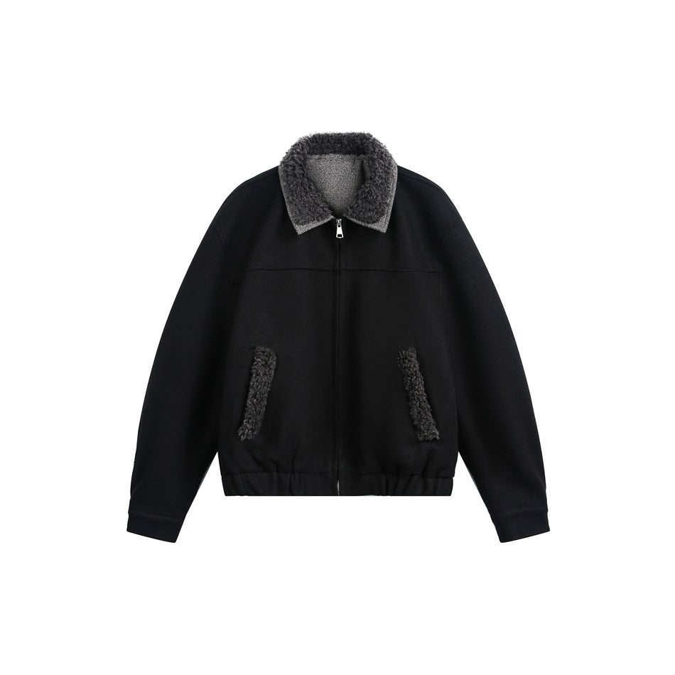 Black zip-front jacket with gray fleece-like collar and pocket trim, elastic hem, flat front view