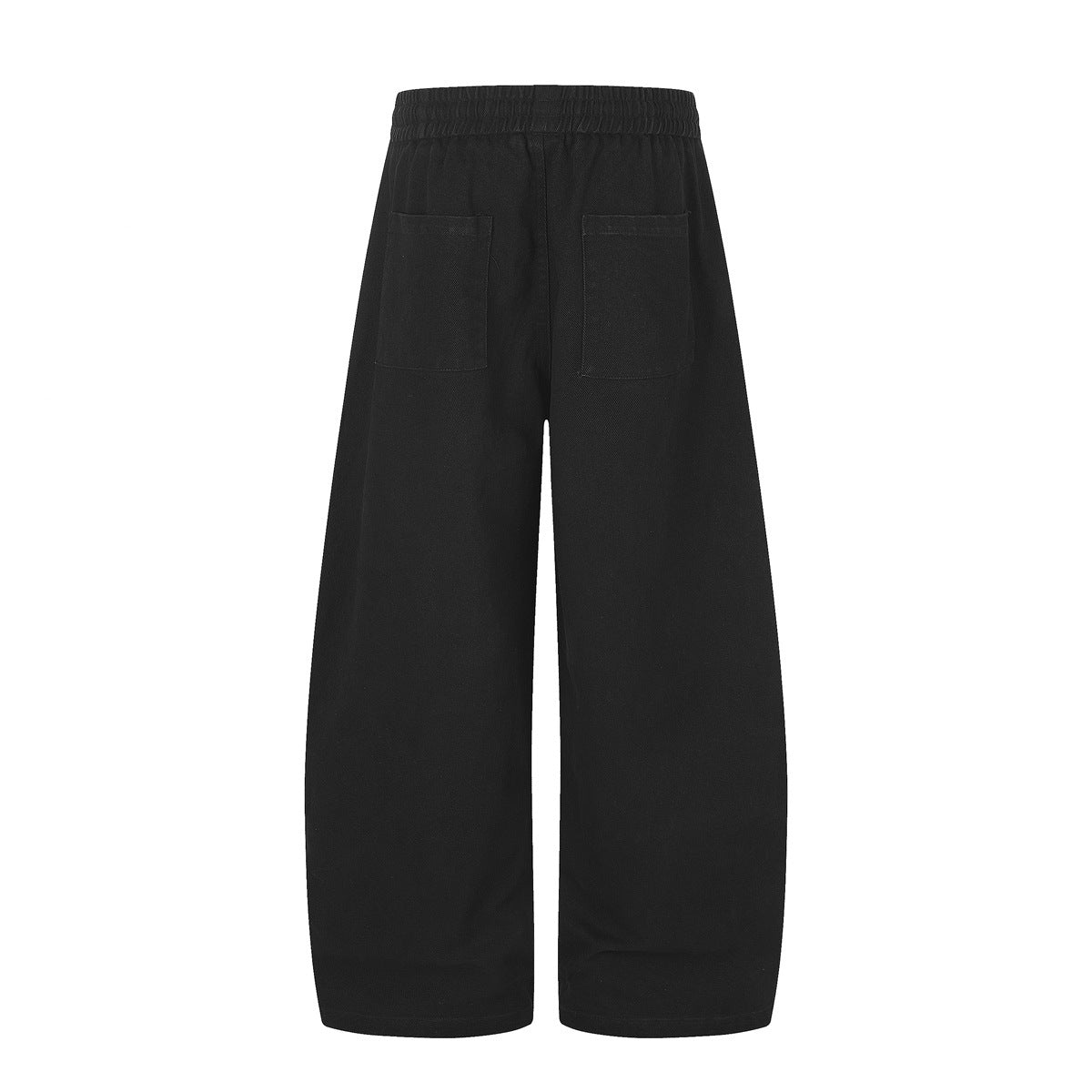 Back view of black wide-leg pants with an elastic waistband and two patch pockets.