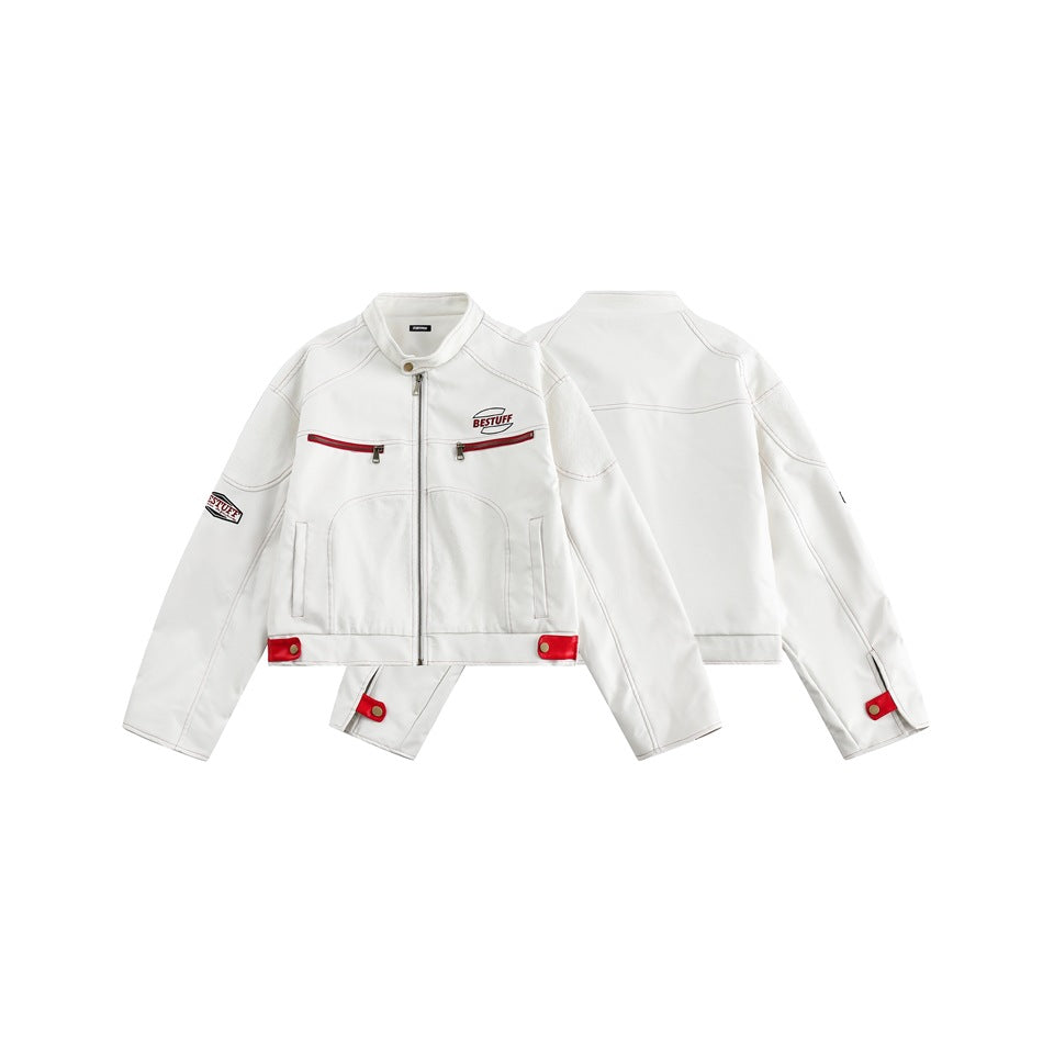 White jacket shown from front and back, with red zip accents, red hem tabs, and dark logo embroidery.