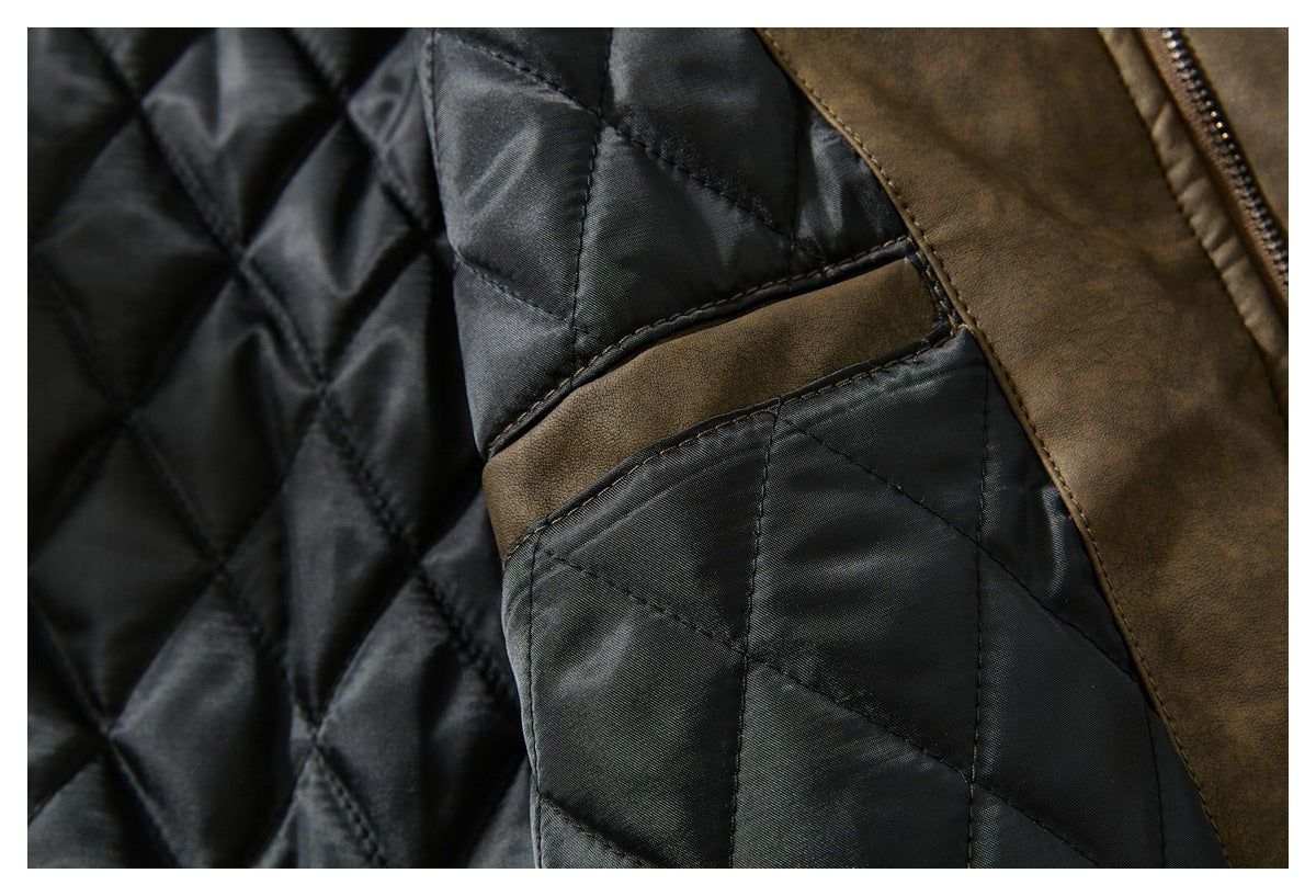 Close-up of the black quilted lining and a brown-trimmed interior pocket.