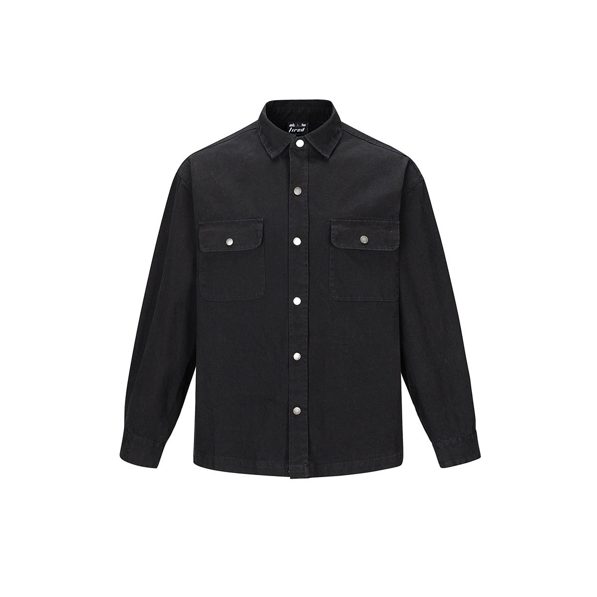 Black long-sleeve work shirt with two snap flap chest pockets and snap front placket, flat front view