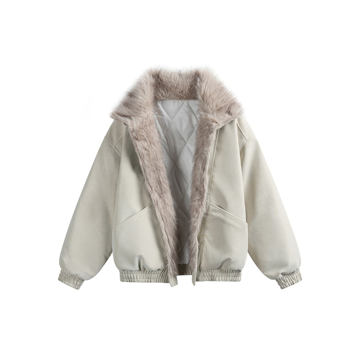 Front view of an open ivory jacket with a wide taupe faux-fur collar, quilted lining, and gathered cuffs and hem.