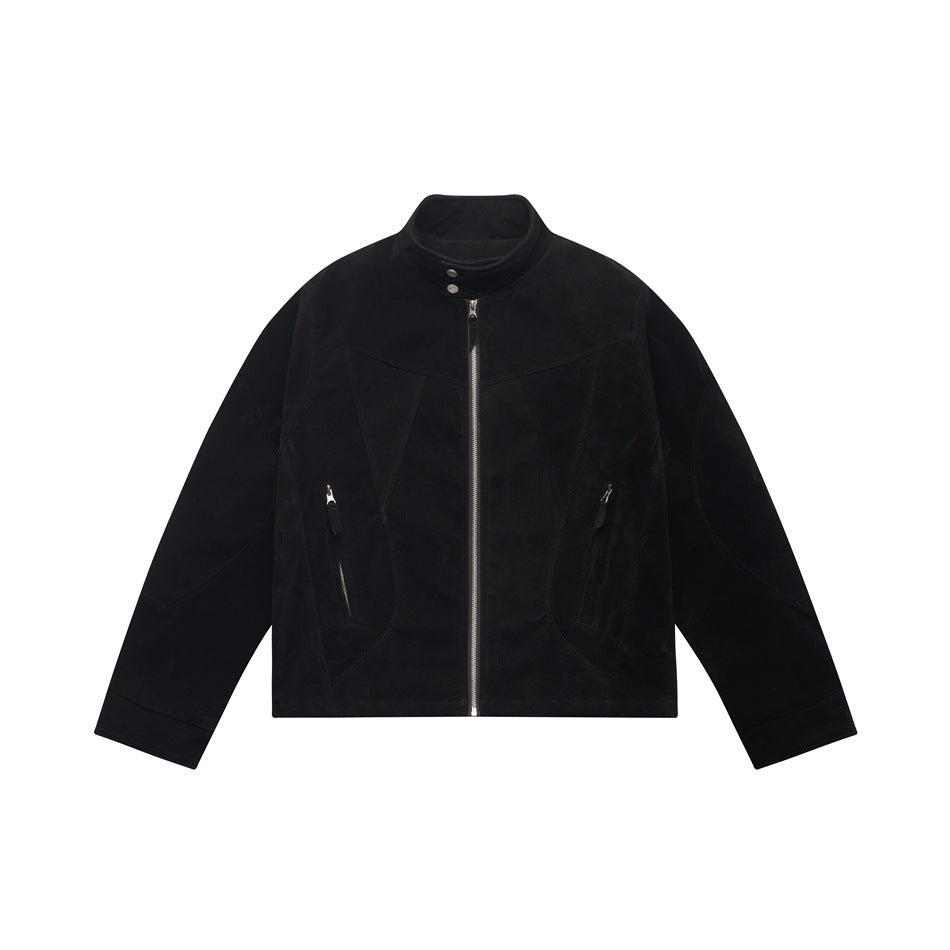 Black stand-collar zip-front jacket with suede-like finish, paneled seams and zippered pockets, flat lay