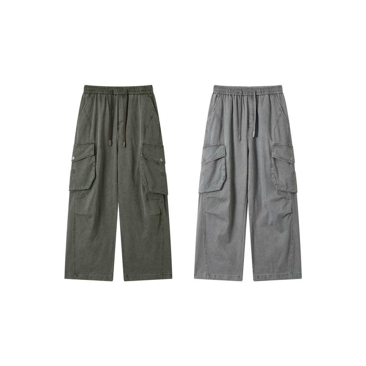 Front view of wide-leg cargo pants in dark olive and gray, each with an elastic drawstring waist and flap pockets.