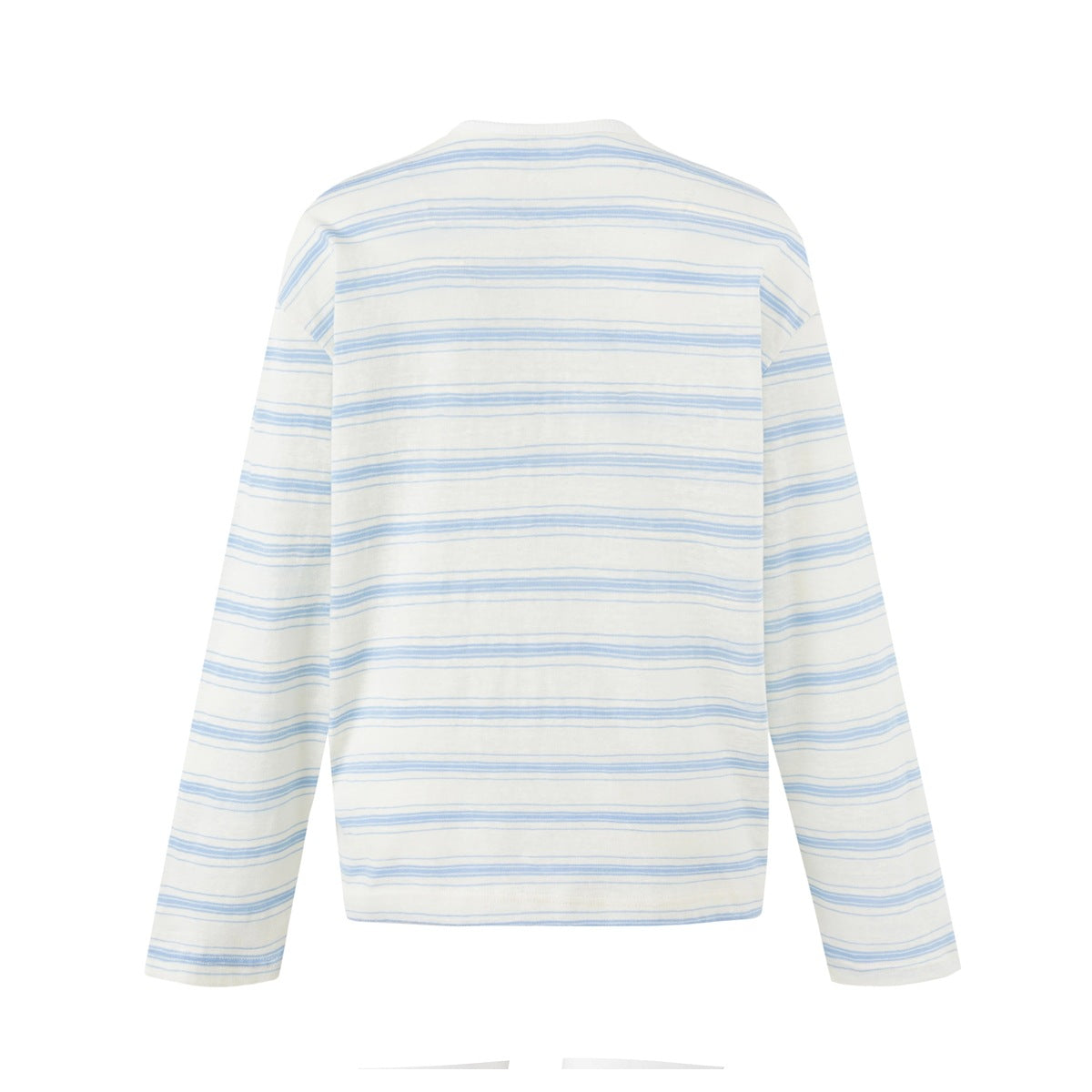 Back view of a cream long-sleeve top with thin, irregular pale blue horizontal stripes.