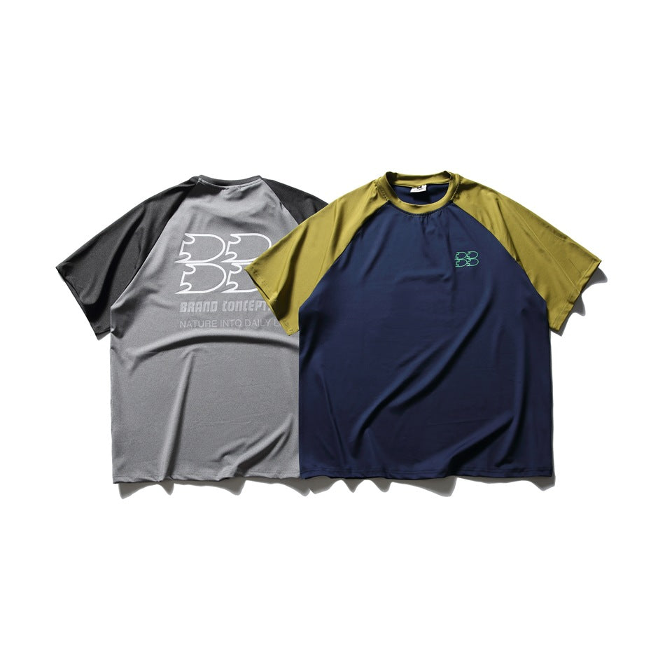 Two raglan T-shirts displayed flat: a gray and black version with a back graphic and a navy and olive version with a chest