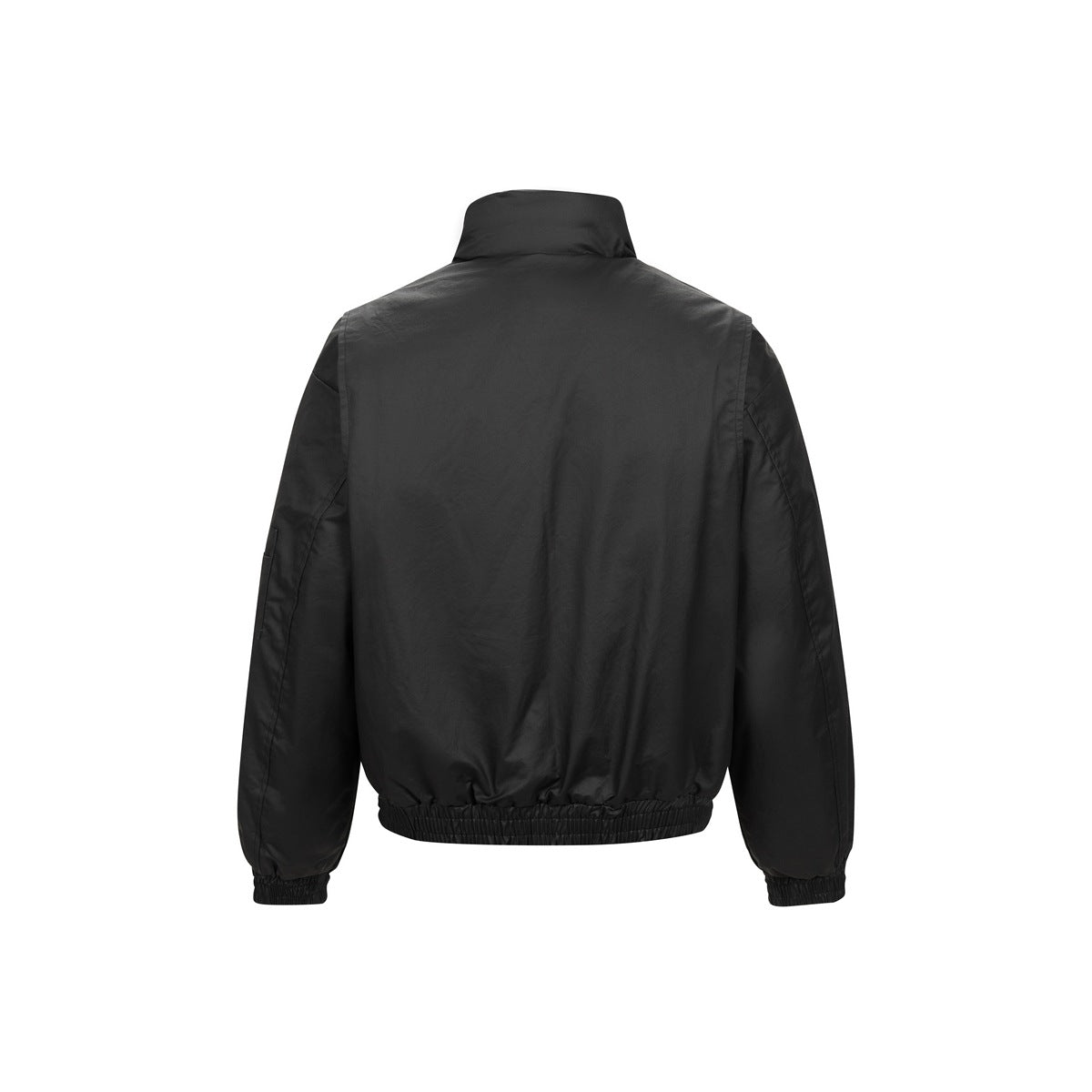 Back view of a black high-collar jacket with long sleeves and a gathered elastic hem.