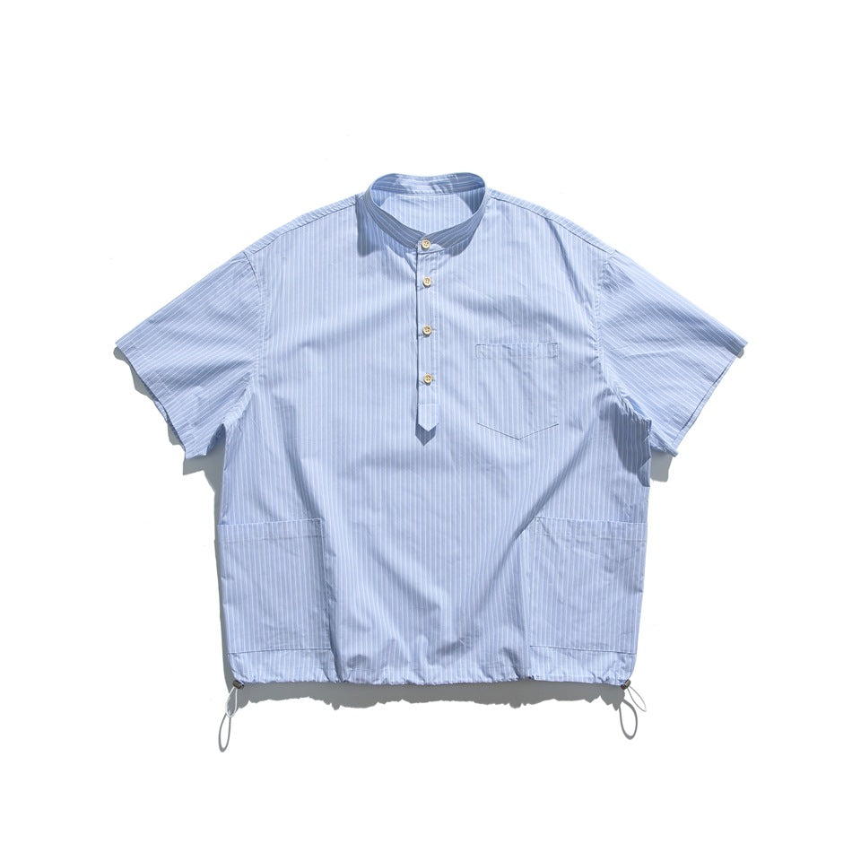 Light blue pinstriped short-sleeve pullover shirt with stand collar, buttons, pockets and drawcord hem, front view