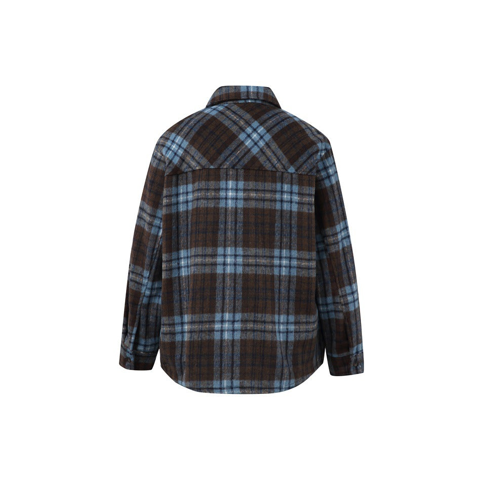 Back view of blue and brown plaid shirt showing diagonal plaid yoke