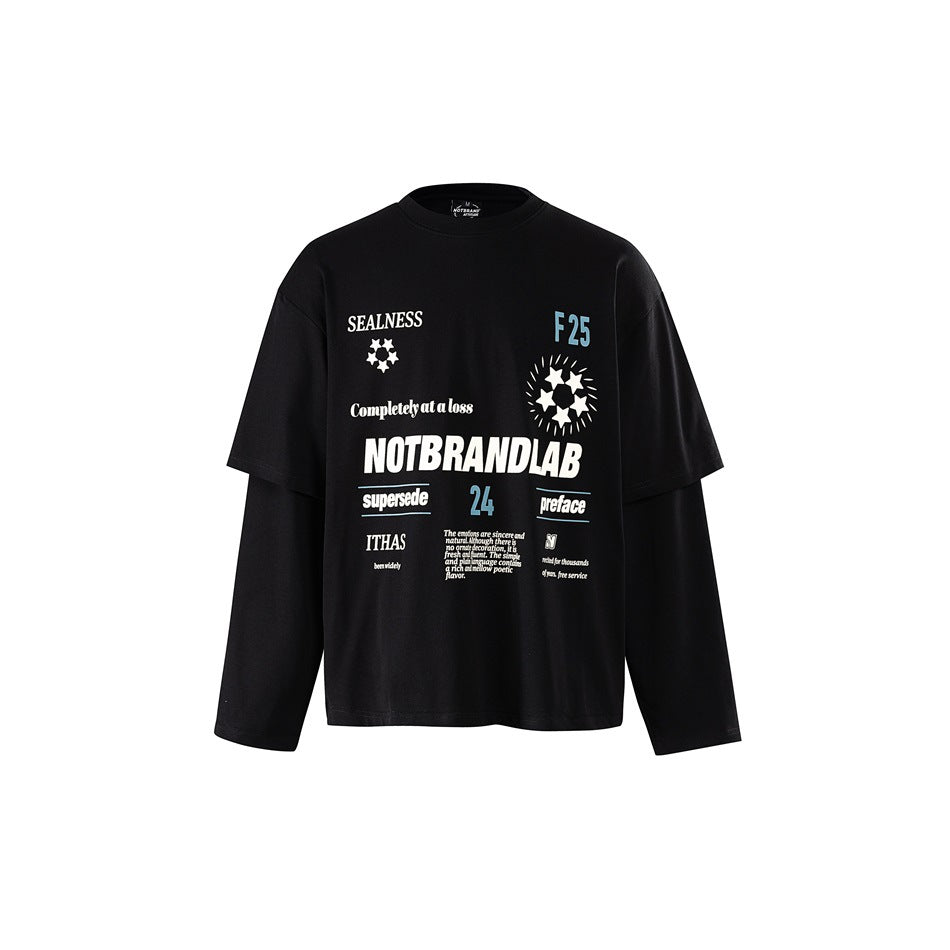 Black layered long-sleeve top with large white and light blue star graphic print on the front