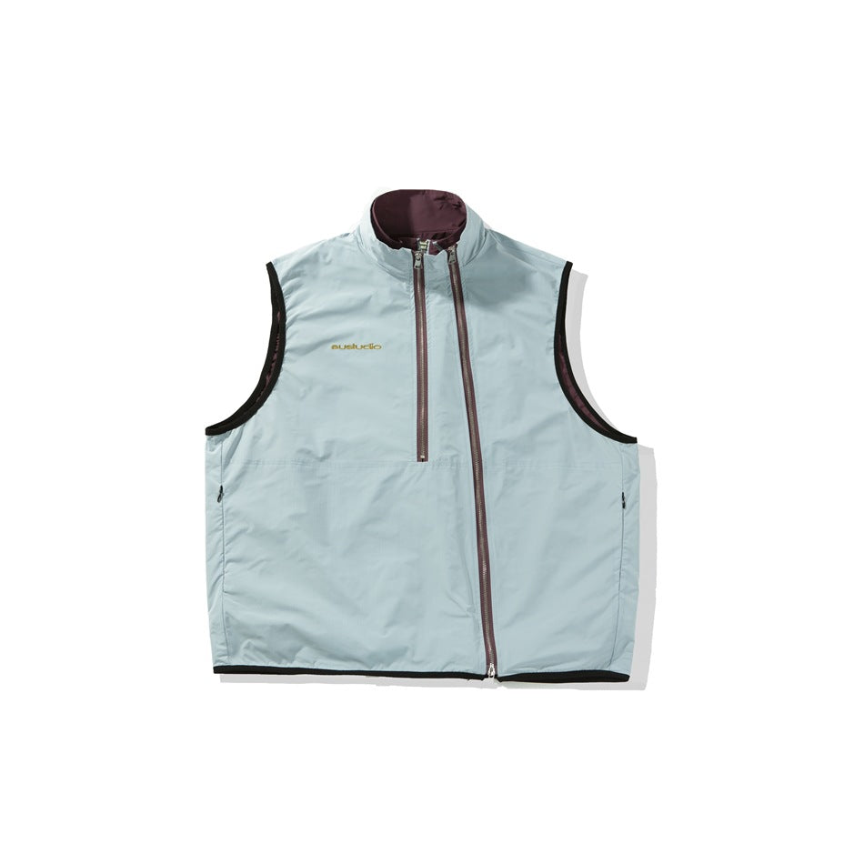 Front view of a pale blue sleeveless vest with a stand collar, burgundy zippers and lining, black trim and side pockets.