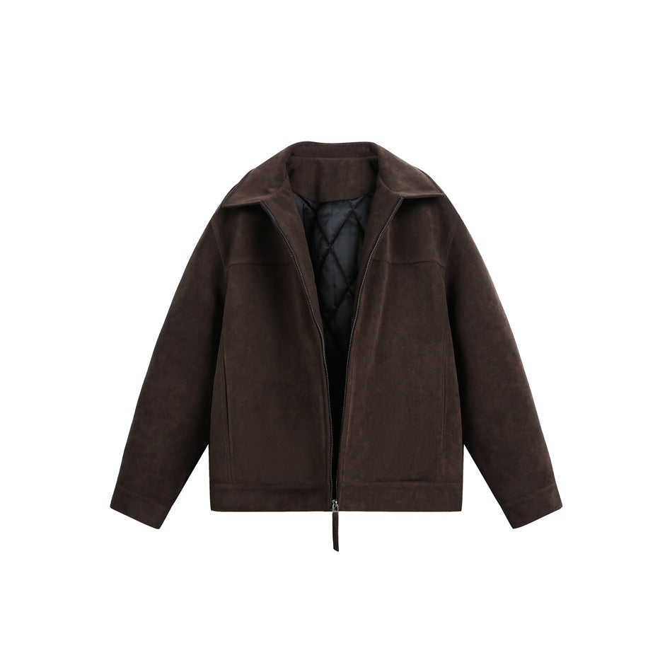 Front view of a dark brown zip-front jacket with a wide collar and black quilted lining.