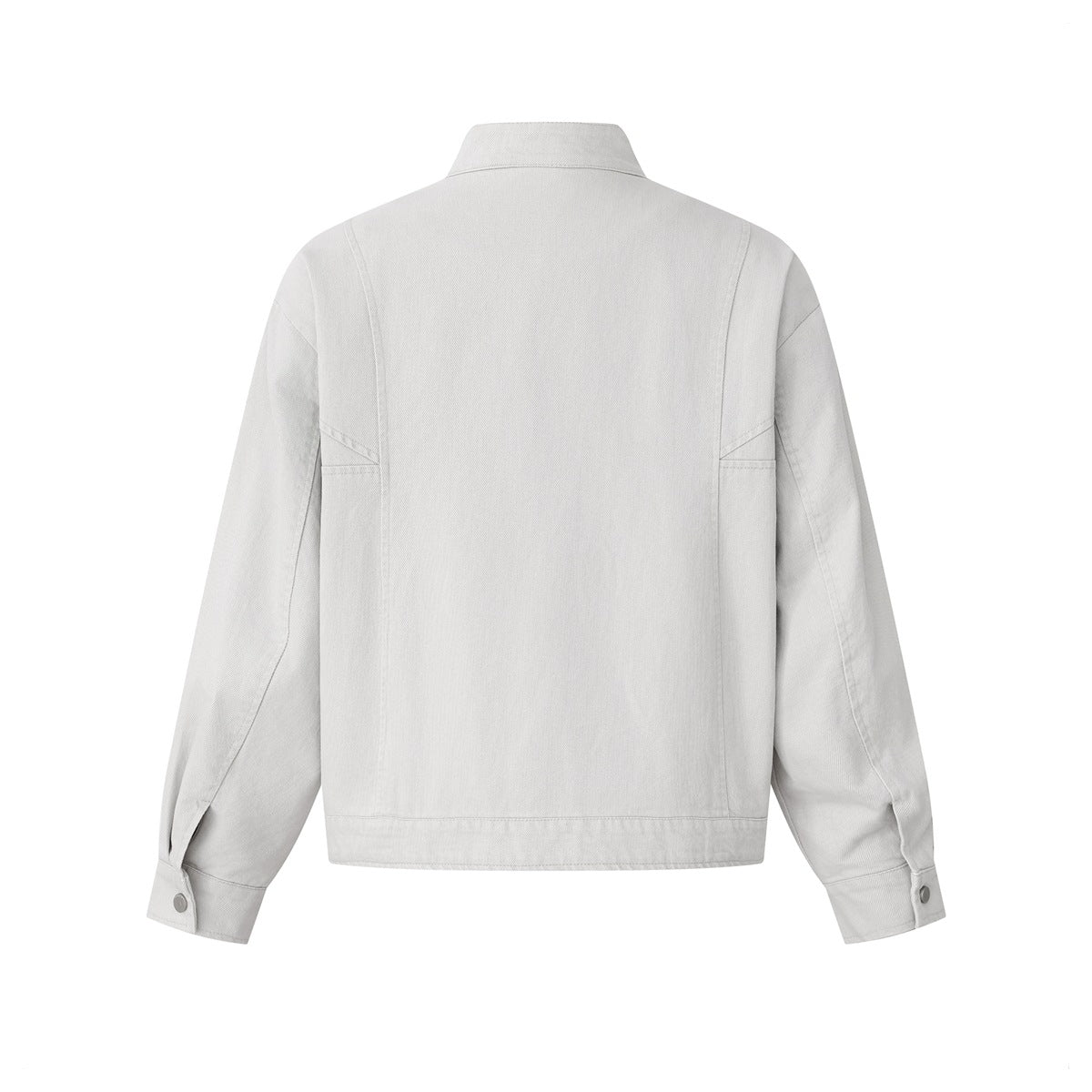 Back view of an off-white jacket with a stand collar, long sleeves, and buttoned cuffs.