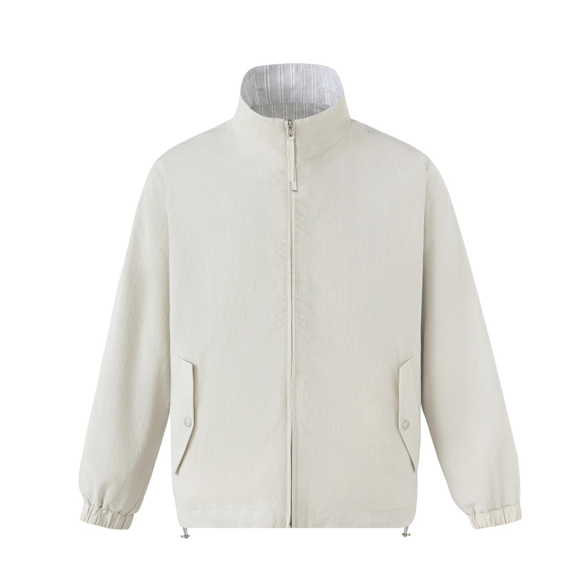 Beige stand-collar zip jacket flat front view with flap pockets, elastic cuffs and drawcord hem