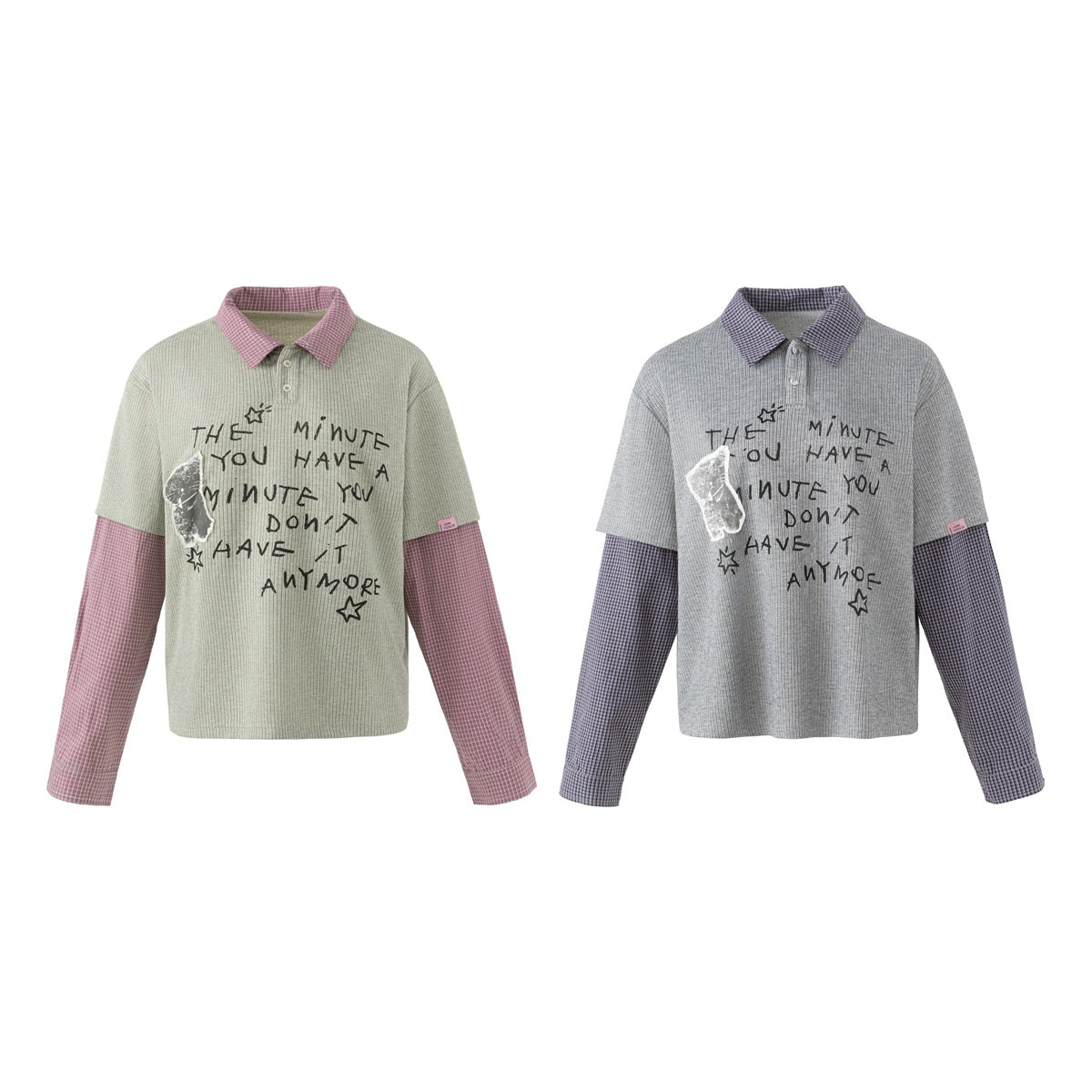 Two polo-style tops shown side by side: sage with red checked sleeves and gray with purple checked sleeves.