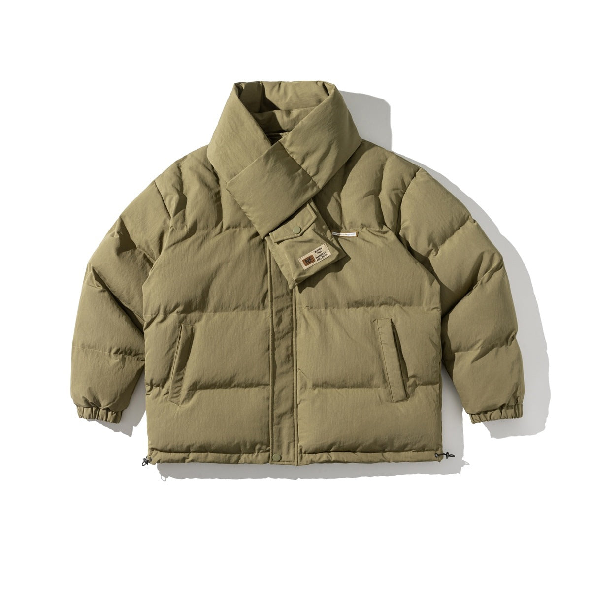 Khaki quilted puffer jacket flat lay with the padded scarf wrapped around the collar and fastened with a snap flap