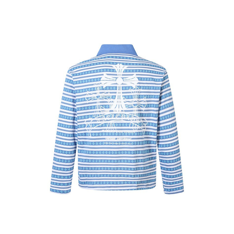 Back view of a blue, white, and gray striped long-sleeve polo with a large white graphic across the upper back.