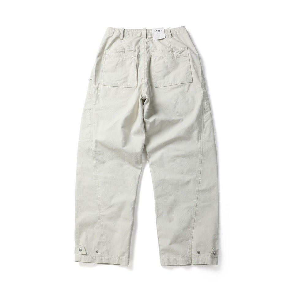 Off-white wide-leg utility pants flat lay, back view, with two patch pockets and snap hem tabs
