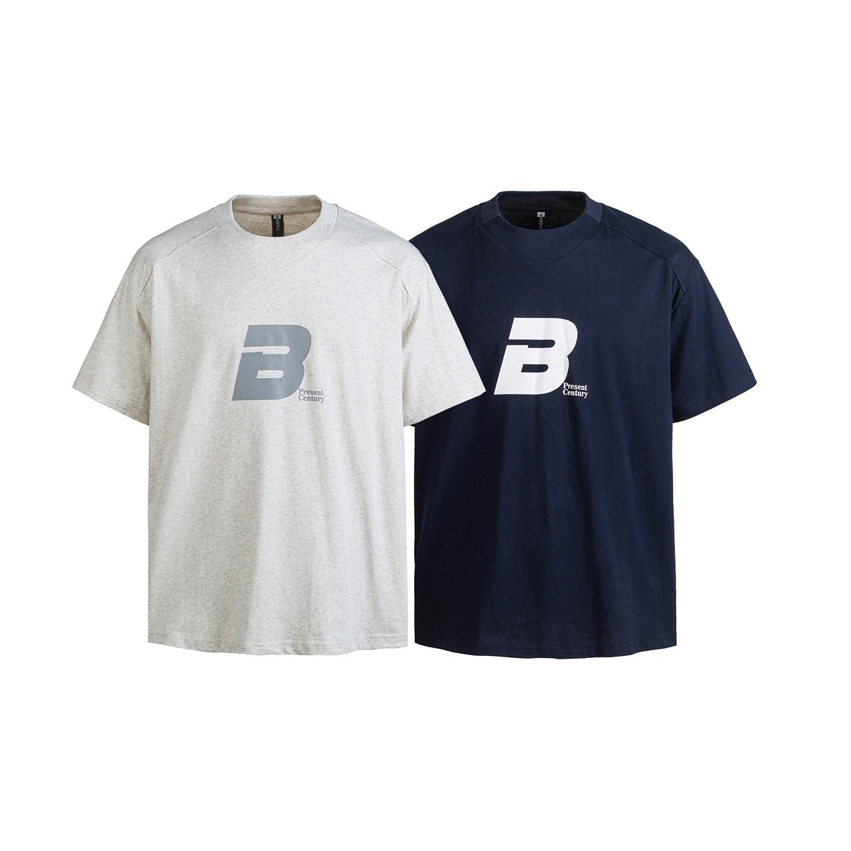 Front view of two short-sleeve crew-neck T-shirts, one light heather gray and one navy, each with a large B print.