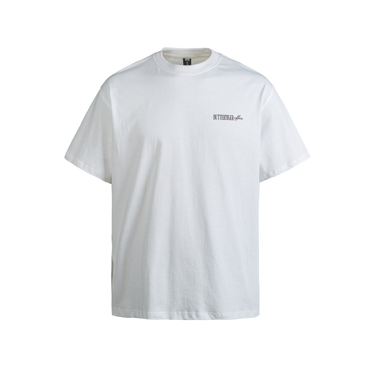 Front view of a white short-sleeve T-shirt with small black lettering on the chest.