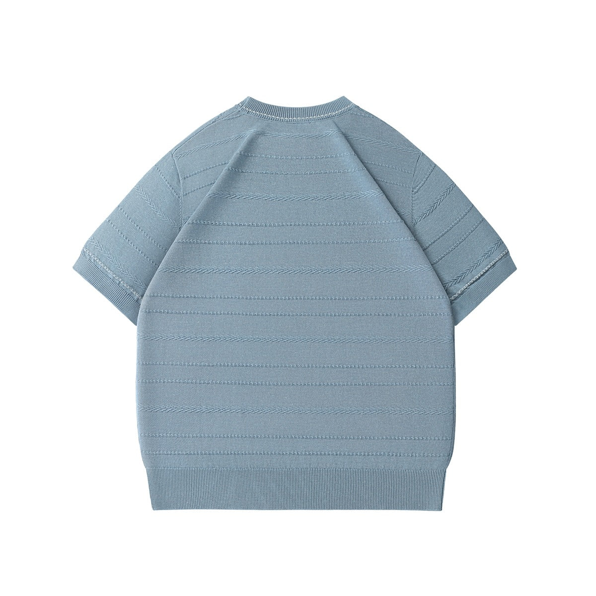 Back view of a dusty blue short-sleeve knit sweater with a crew neck, ribbed trim, and horizontal textured stitch stripes.