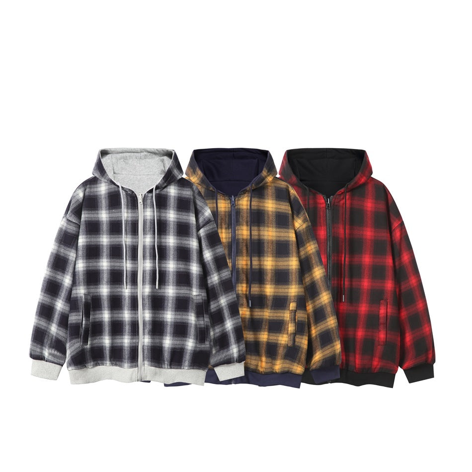 Three zip-up plaid hoodies shown from the front in black and gray, yellow and navy, and red and black.