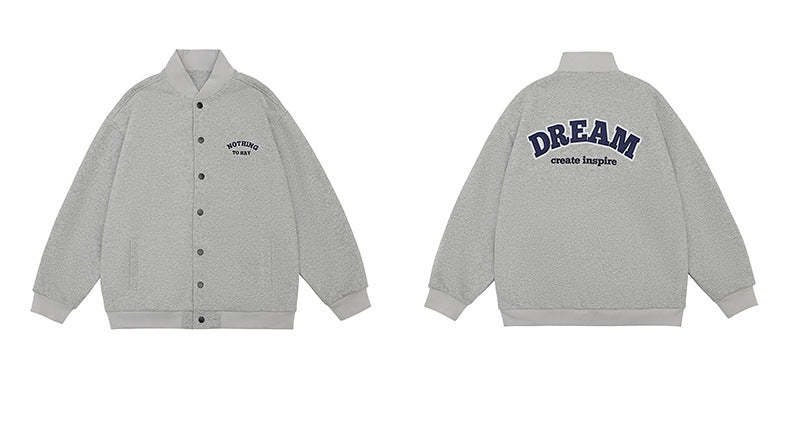 Heather gray snap-front varsity jacket shown from the front and back, with small chest text and a DREAM back graphic.