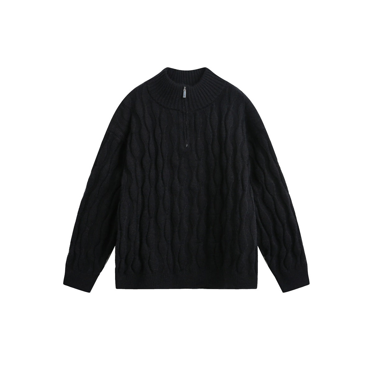 Black textured cable-knit half-zip sweater with stand collar and ribbed hem, flat front view