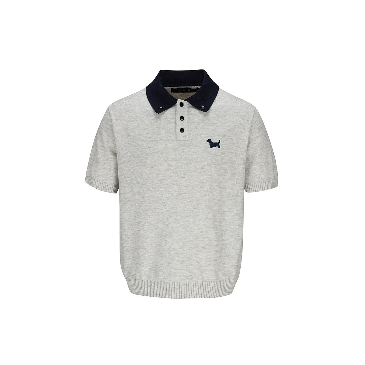 Heather gray knit short-sleeve polo with navy collar, three buttons and small navy embroidered dog on chest