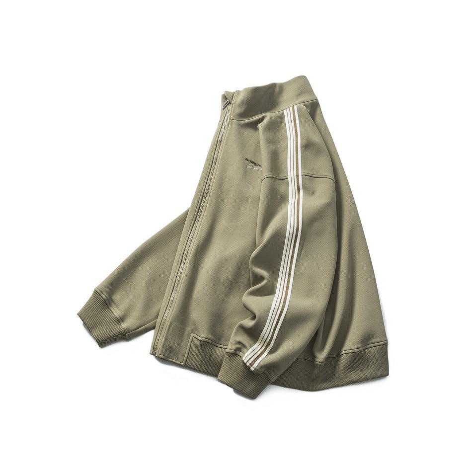 Angled front view of an olive zip jacket with a stand collar, striped sleeves and ribbed trim.