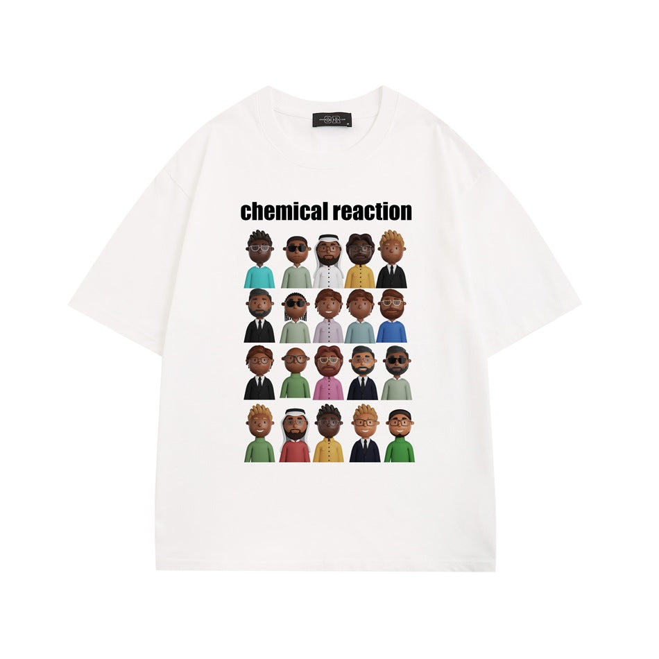 White short-sleeve T-shirt with black 'chemical reaction' text and a grid of cartoon character portraits