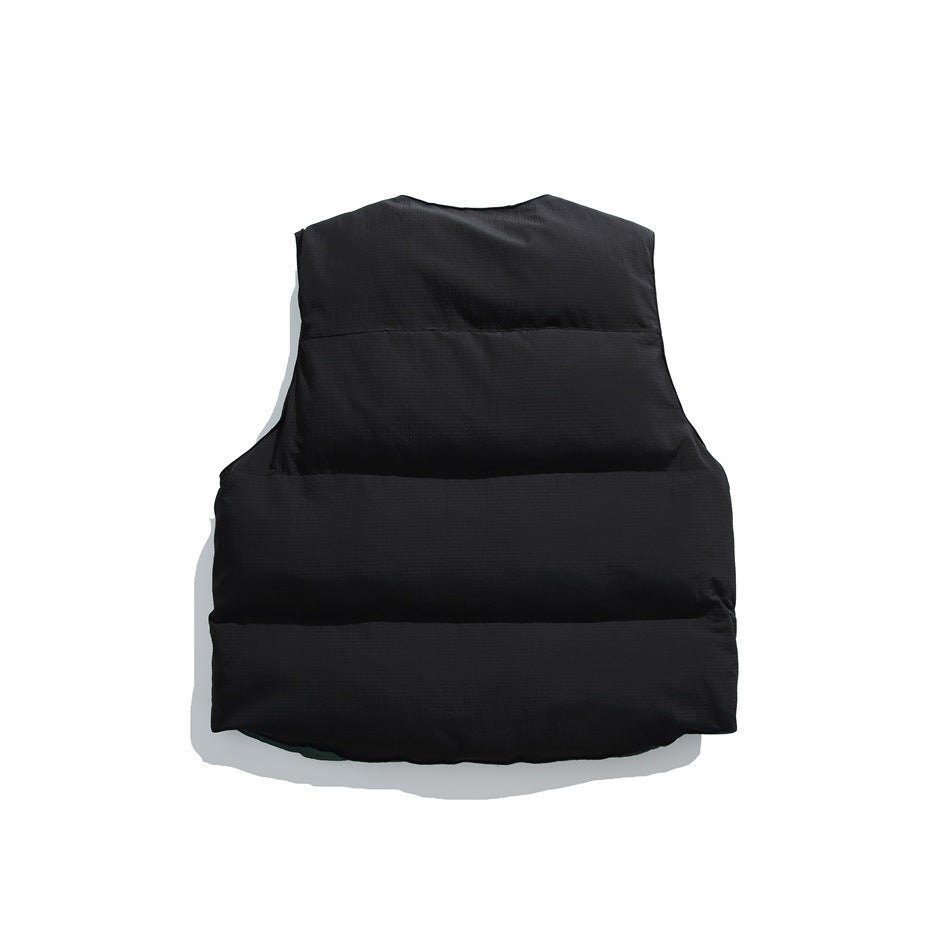Back view of a black padded vest with horizontal quilted sections.