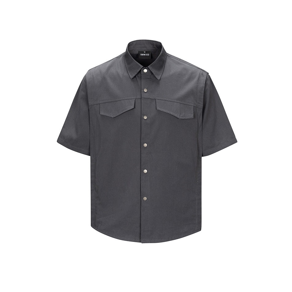 Gray short-sleeve button-up shirt with two chest flap pockets and silver snap buttons, front flat view
