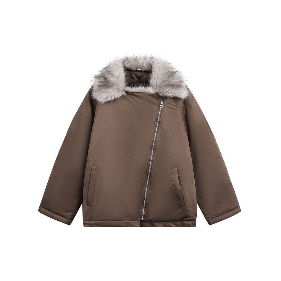 Brown padded jacket with a diagonal zipper, slanted pockets and a plush gray-taupe faux-fur-look collar, flat lay