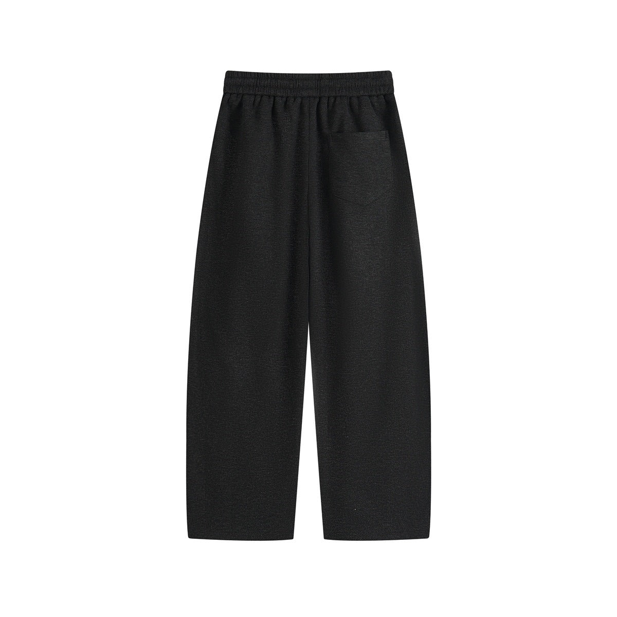 Back view of charcoal black wide-leg trousers with an elastic waistband and single rear pocket.