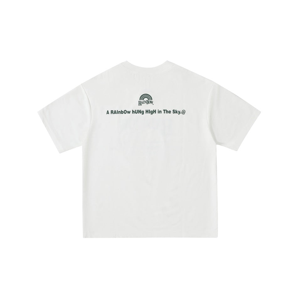 Off-white T-shirt back view with small rainbow logo and dark green line of text across the upper back