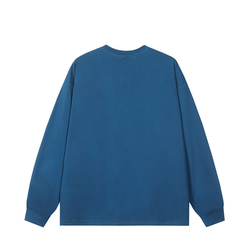 Back view of a plain blue long-sleeve crew-neck shirt.