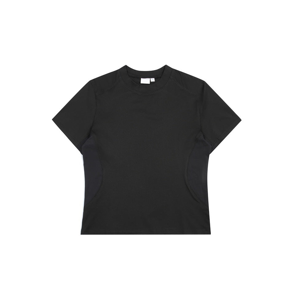 Front view of a black short-sleeve crew-neck T-shirt with curved side panels and visible seam detailing.