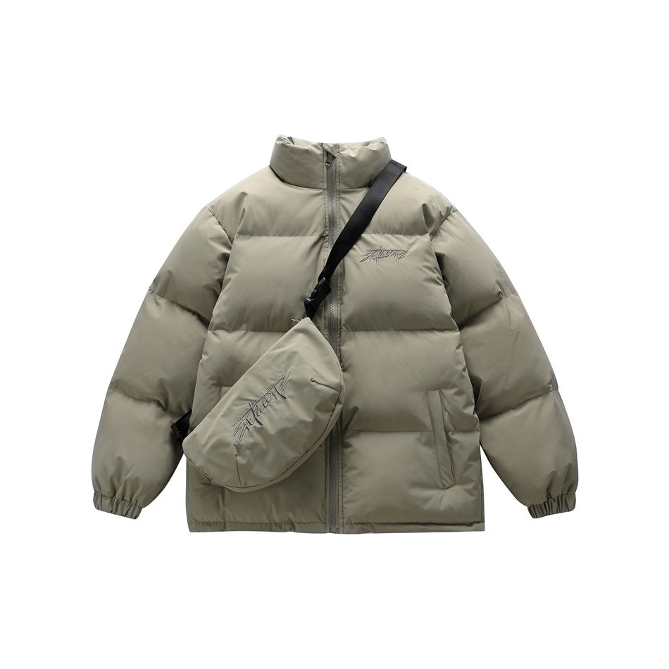 Front view of a gray-green quilted puffer jacket with a high collar, zip closure, and matching crossbody bag.