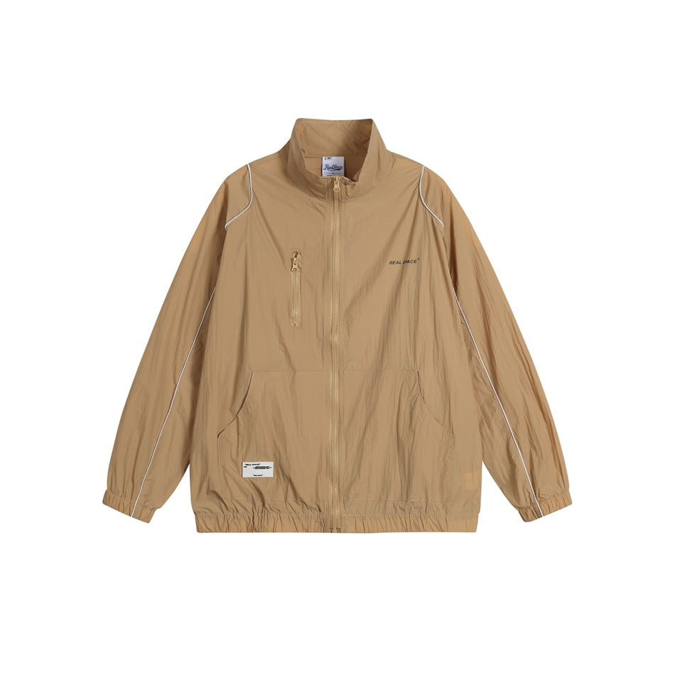 Khaki stand-collar full-zip jacket with white sleeve piping, chest zip pocket and elastic hem, flat front view